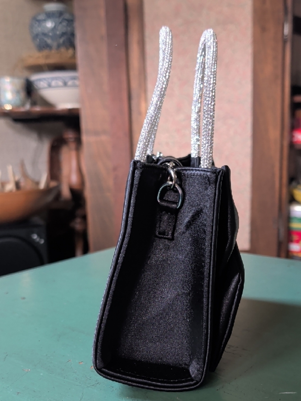 Elegant Black Bow Satin Handbag with Rhinestone Handles Formal Prom Event - Picture 6 of 10